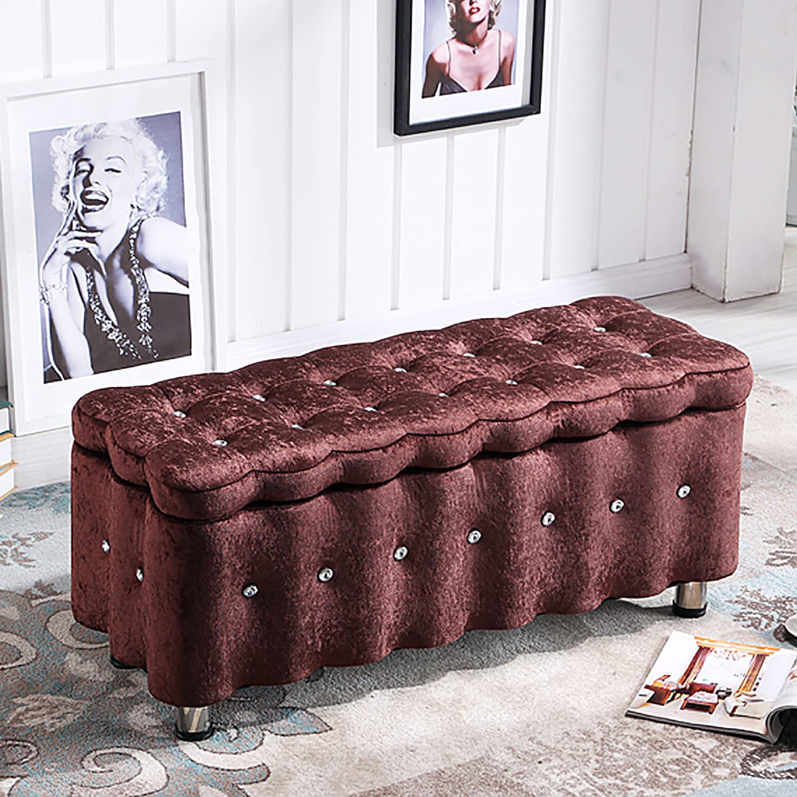 ベルベット＆クリスタルボタン付き オットマン スツール 収納付き ピンク